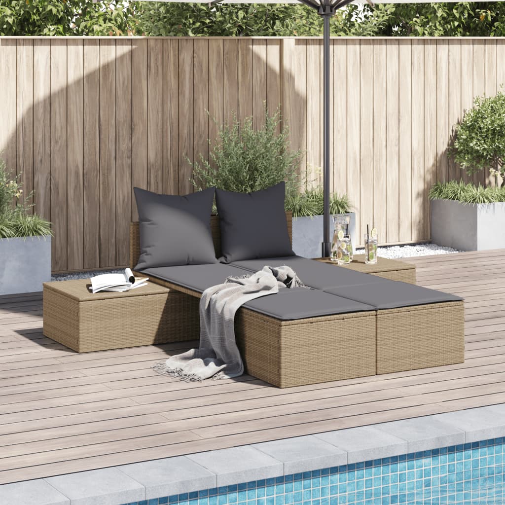 Ligbed 2-Persoons Met Kussens Poly Rattan Beige