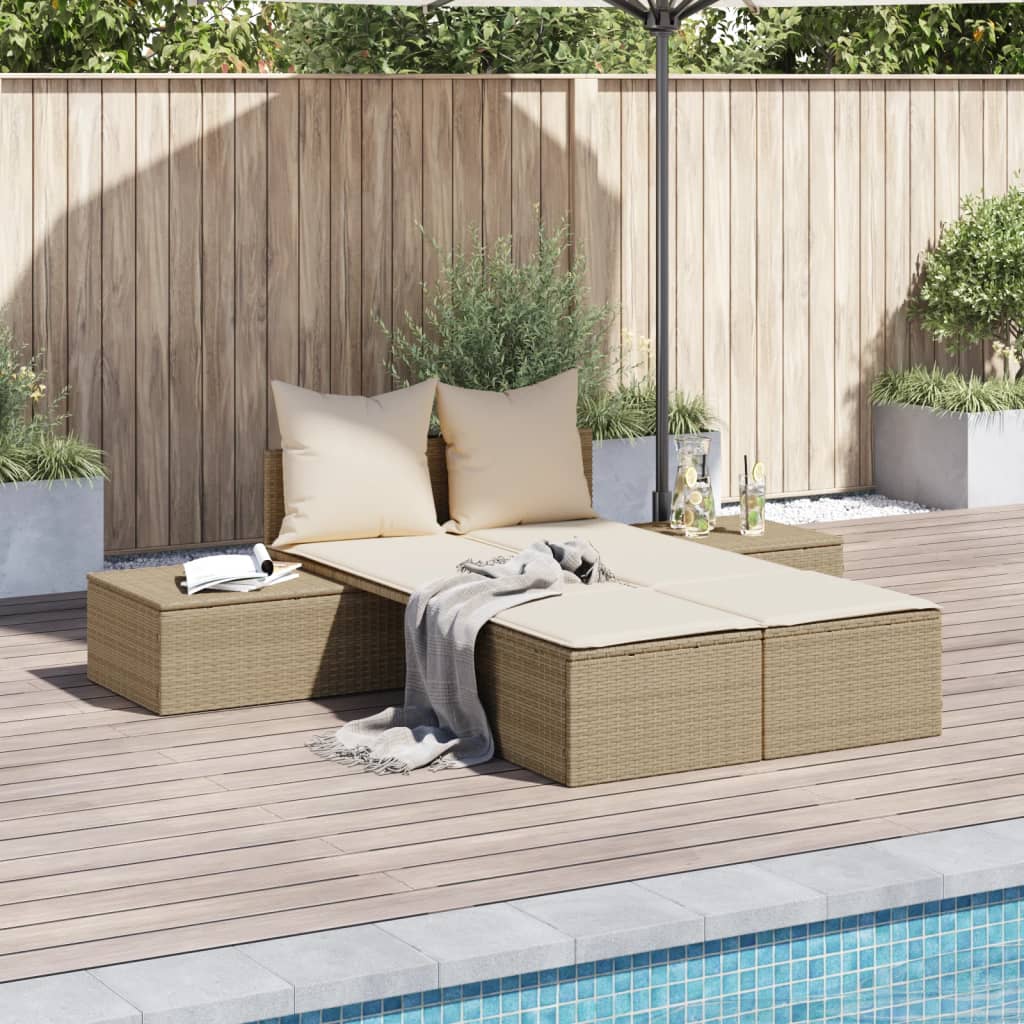 Ligbed 2-Persoons Met Kussens Poly Rattan Beige