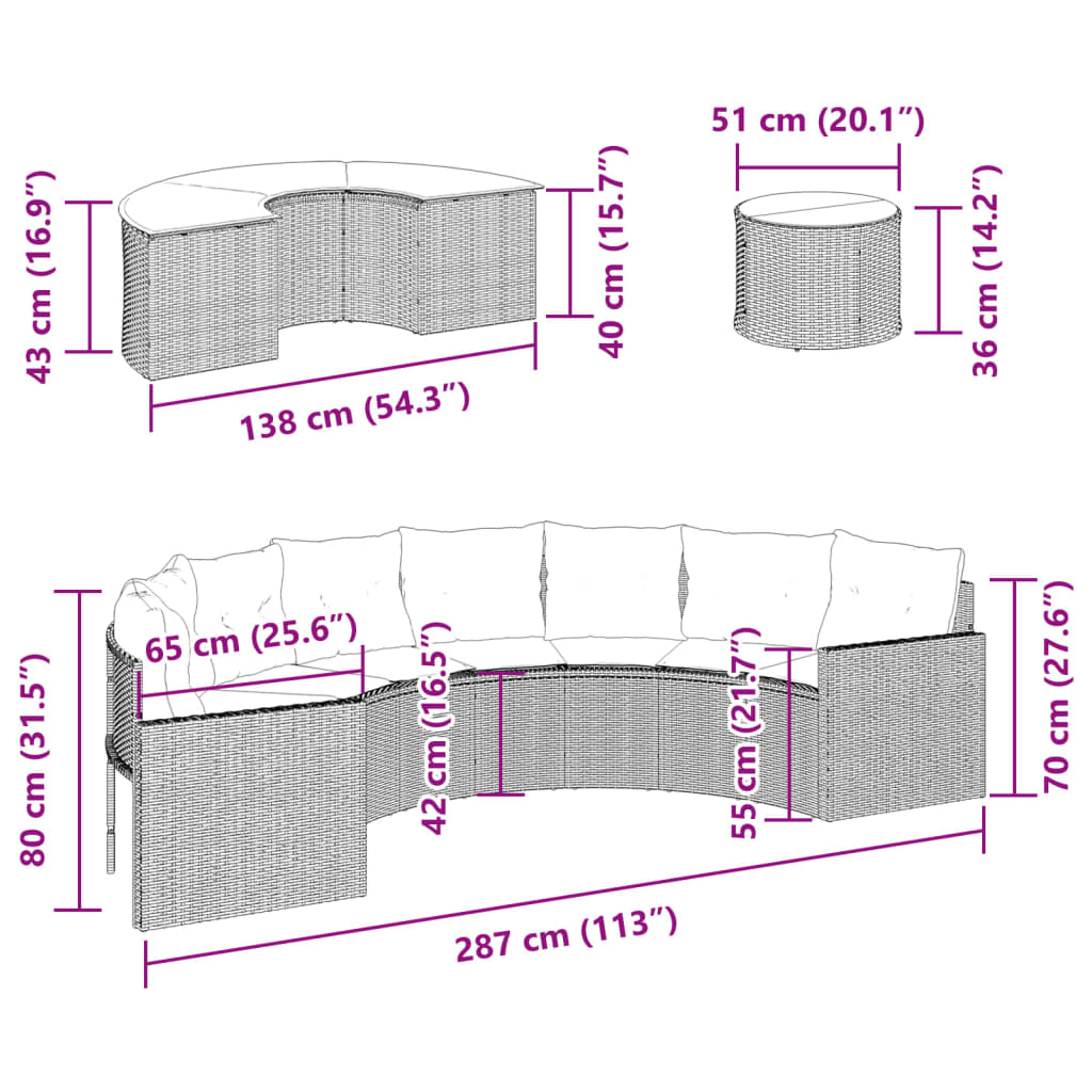 3-Delige Loungeset Halfrond Poly Rattan